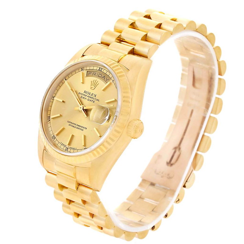 Rolex President Day-Date Yellow Gold Champagne Baton Dial Mens Watch ...