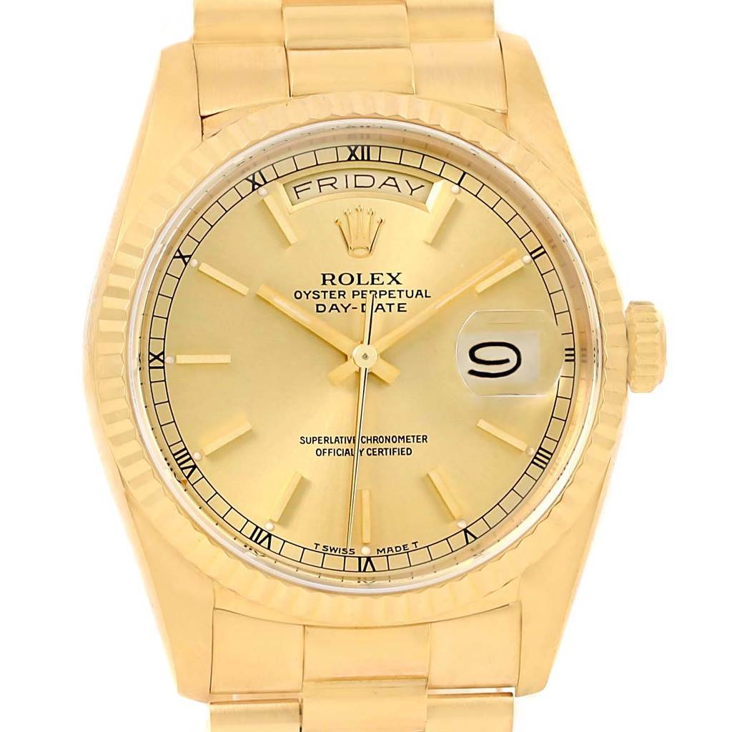 The Rolex President 18238 Men
s Yellow Gold Champagne Dial 18238 Men
s Yellow Gold Champagne Dial model watch is shown from the front, displaying the dial, day, and date features.