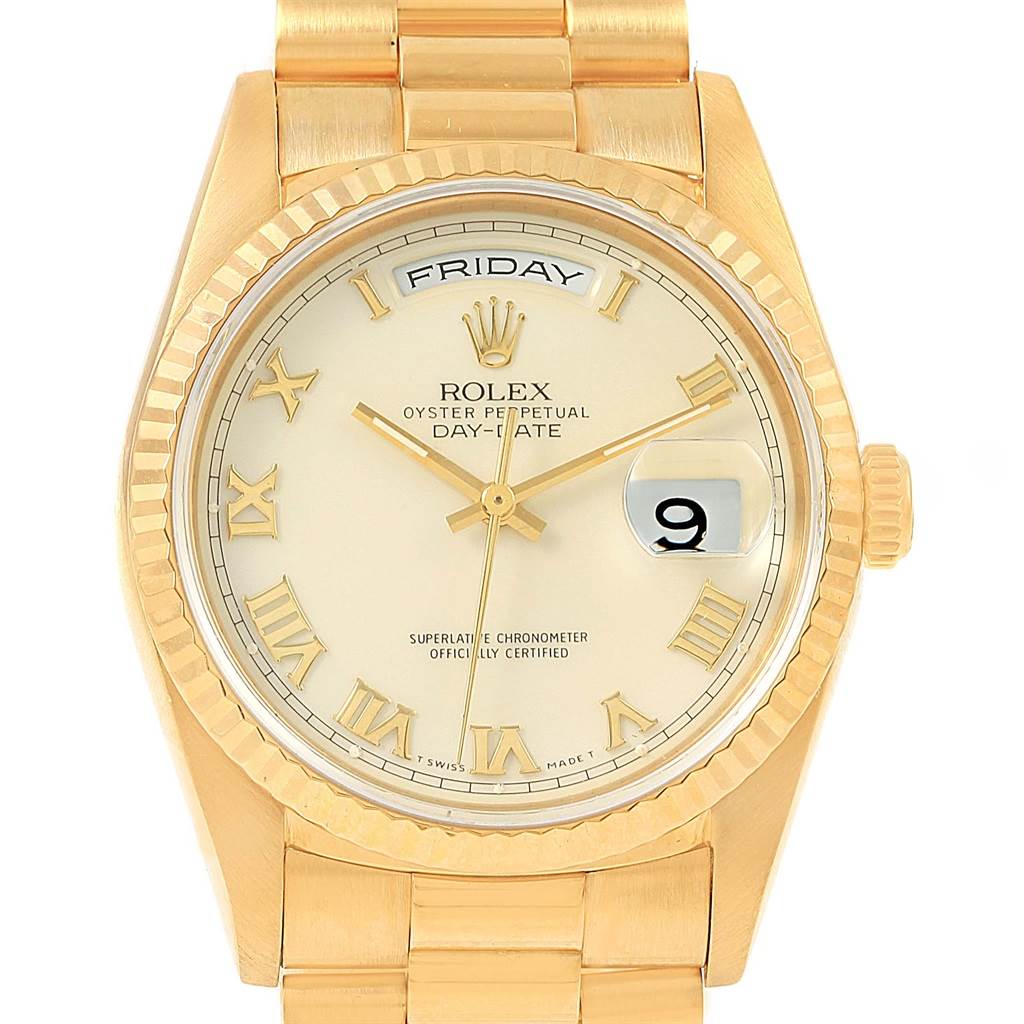 Rolex President Day-Date Yellow Gold Ivory Roman Dial Mens Watch 18238 ...