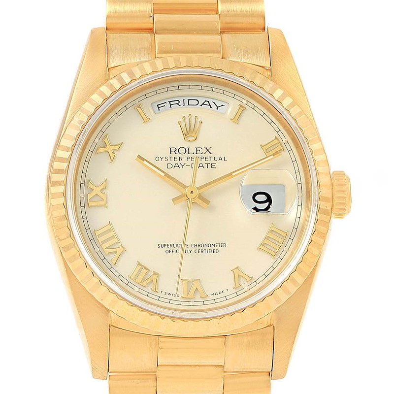 Rolex President Day-Date Yellow Gold Ivory Roman Dial Mens Watch 18238 SwissWatchExpo