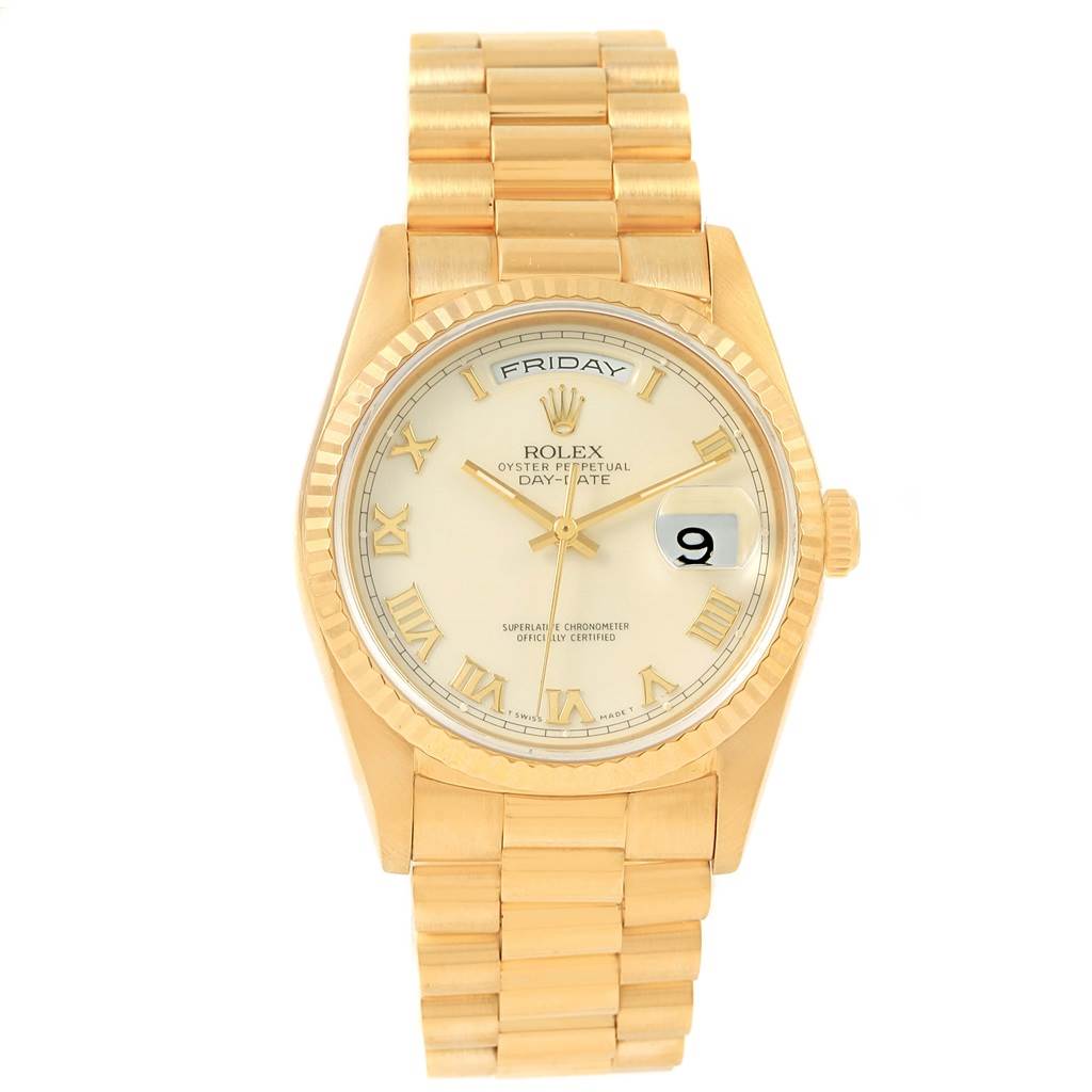 The image shows a frontal view of the Rolex President 18238 Men's Yellow Gold Beige Dial 18238 Men's Yellow Gold Beige Dial model watch, displaying its face and bracelet.