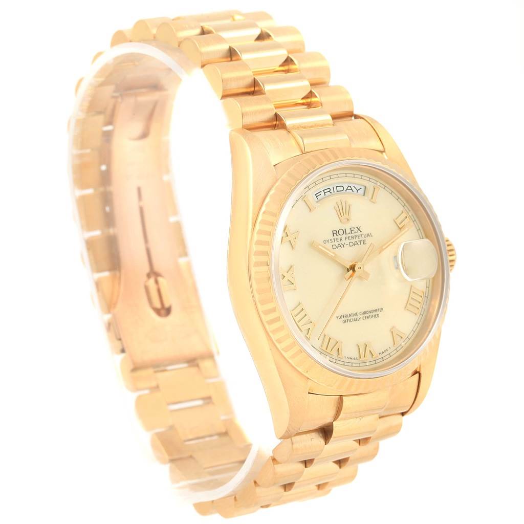 The image shows a Rolex President 18238 Men's Yellow Gold Beige Dial 18238 Men's Yellow Gold Beige Dial model watch at a slight angle, displaying the face, day-date features, and part of the bracelet.