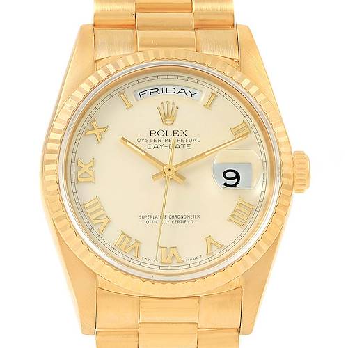 Photo of Rolex President Day-Date Yellow Gold Ivory Roman Dial Mens Watch 18238