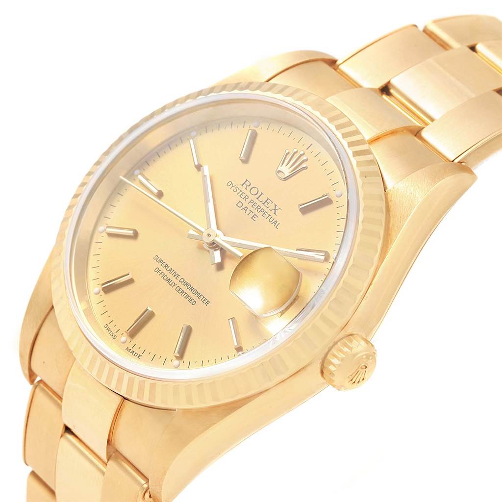 The image shows a gold Rolex President 15238 Men
s Yellow Gold Champagne Dial 15238 Men
s Yellow Gold Champagne Dial model, displaying the dial, bezel, bracelet, and crown from a slightly angled perspective.