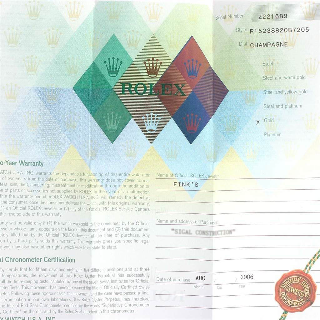 This image shows the warranty card and certification for the Rolex President 15238 Men
s Yellow Gold Champagne Dial 15238 Men
s Yellow Gold Champagne Dial model watch.