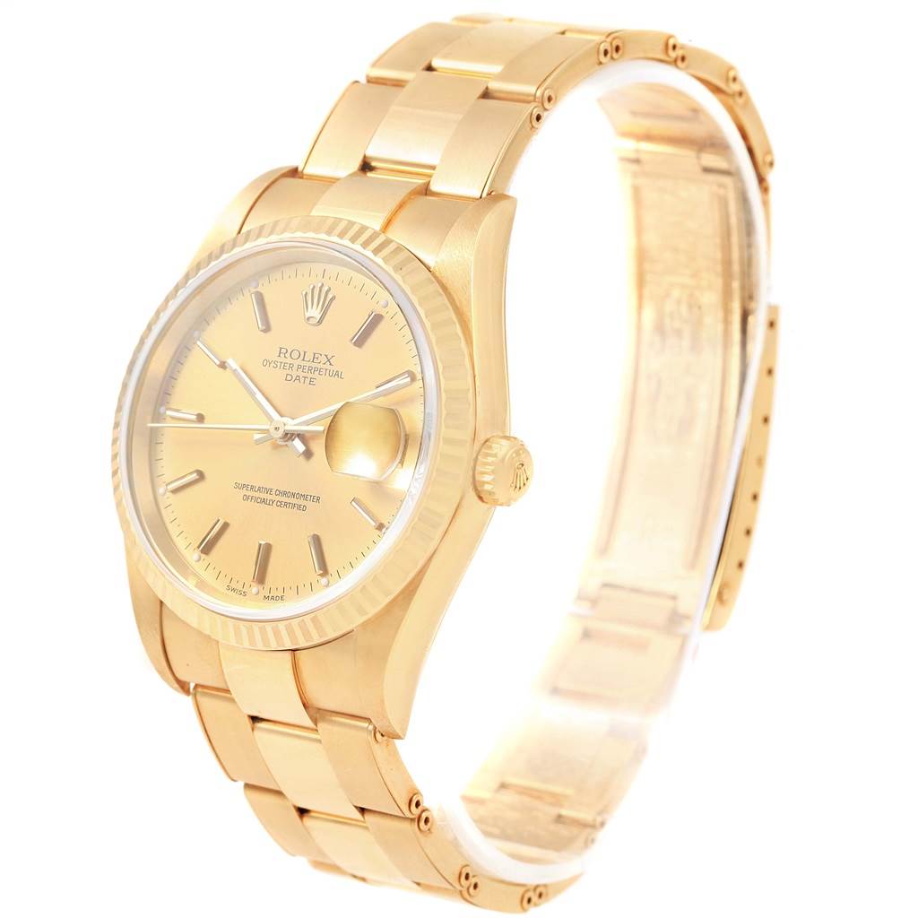 This image shows a Rolex President 15238 Men
s Yellow Gold Champagne Dial 15238 Men
s Yellow Gold Champagne Dial model watch at an angle highlighting its gold face, bracelet, and date magnifier.