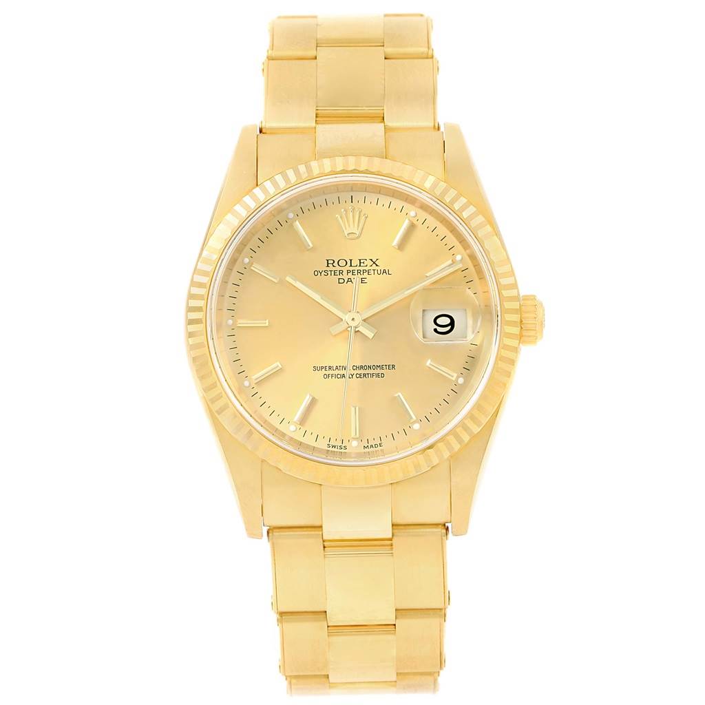 The image shows a front view of a Rolex President 15238 Men
s Yellow Gold Champagne Dial 15238 Men
s Yellow Gold Champagne Dial model watch, displaying its face, bezel, and bracelet.