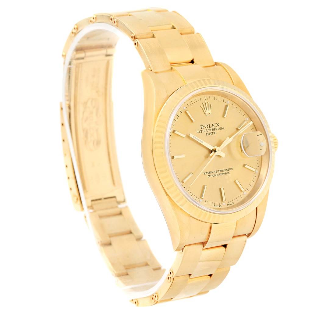 This image shows a Rolex President 15238 Men
s Yellow Gold Champagne Dial 15238 Men
s Yellow Gold Champagne Dial model watch from a three-quarter angle, displaying the face, bracelet, and partially open clasp.