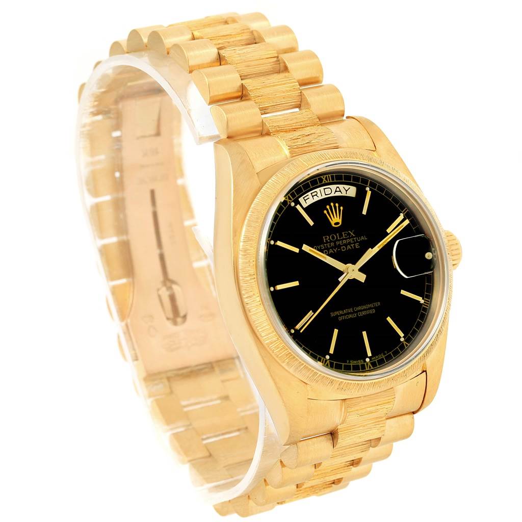 The image shows a Rolex President 18078 Men
s Yellow Gold Black Dial 18078 Men
s Yellow Gold Black Dial model watch from a three-quarter angle, highlighting the watch face, bracelet, and clasp.