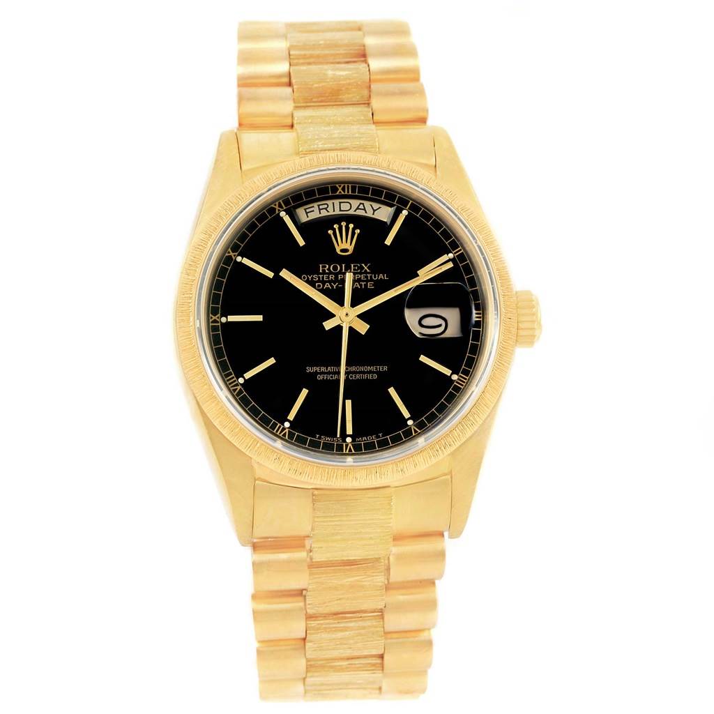 This image shows a front view of a Rolex President 18078 Men
s Yellow Gold Black Dial 18078 Men
s Yellow Gold Black Dial model watch, displaying its black dial, day/date functions, and gold bracelet.