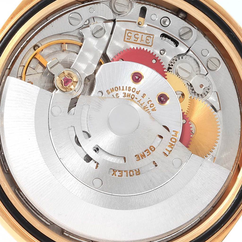 The image shows a close-up view of the movement mechanism inside a Rolex President 18238 Men's Yellow Gold Champagne Dial 18238 Men's Yellow Gold Champagne Dial model watch.