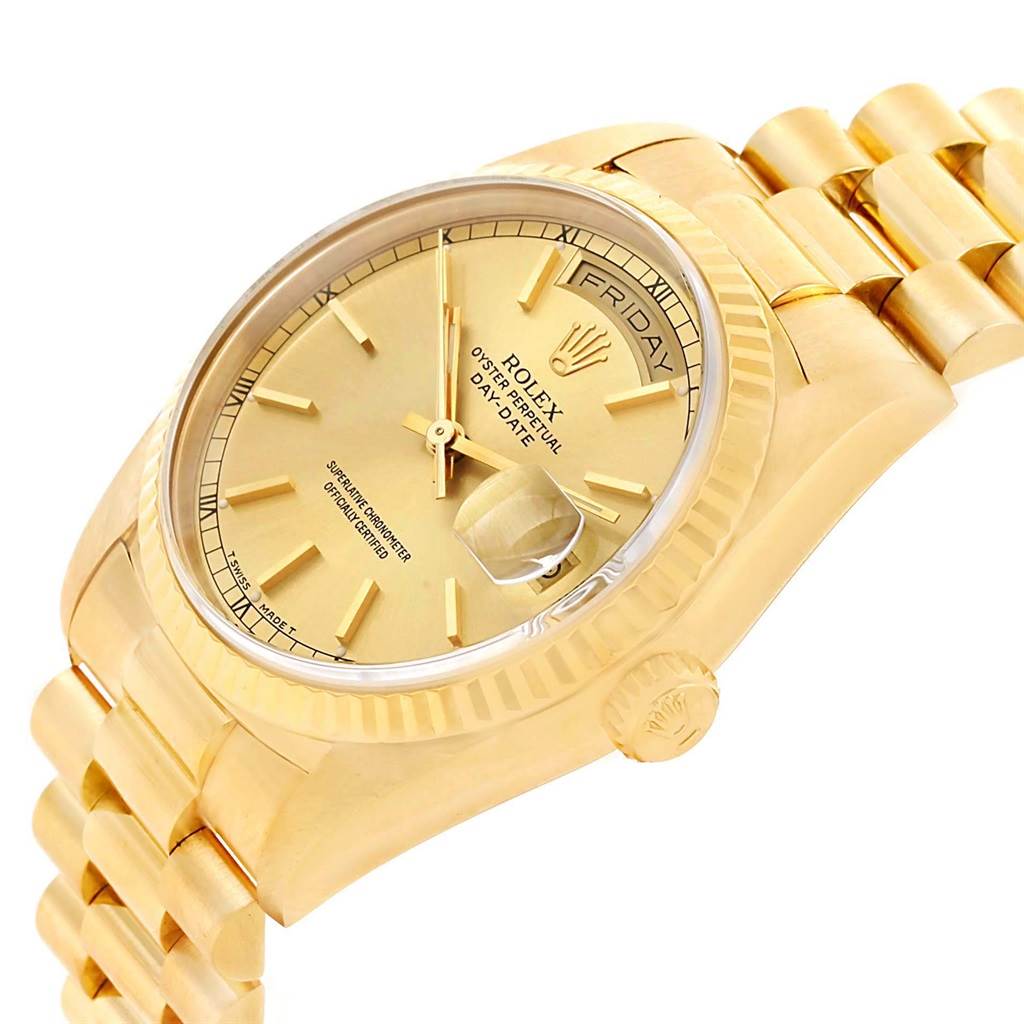 The image shows a Rolex President 18238 Men's Yellow Gold Champagne Dial 18238 Men's Yellow Gold Champagne Dial model watch at a side angle, highlighting the gold dial, bezel, bracelet, and crown.