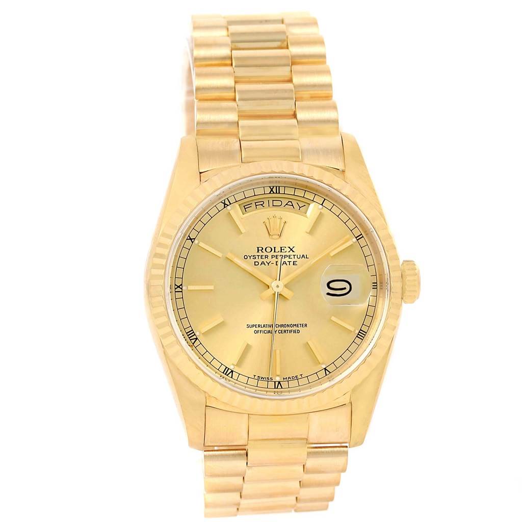 The image shows a frontal view of a Rolex President 18238 Men's Yellow Gold Champagne Dial 18238 Men's Yellow Gold Champagne Dial Day-Date watch, displaying the dial, bezel, case, and bracelet.