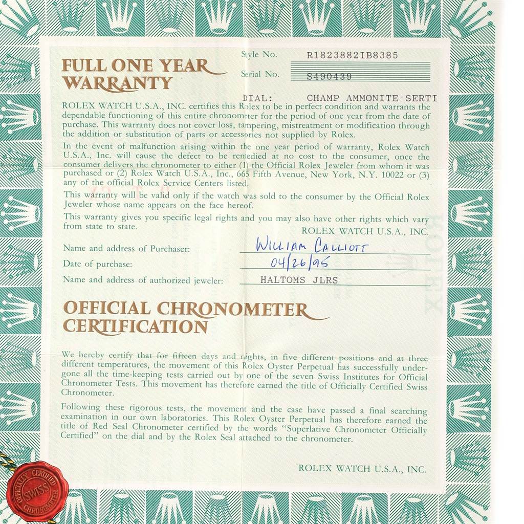 The image shows a warranty certificate for the Rolex President 18238 Men's Yellow Gold Champagne Dial 18238 Men's Yellow Gold Champagne Dial model watch, detailing the terms of the warranty and certification.