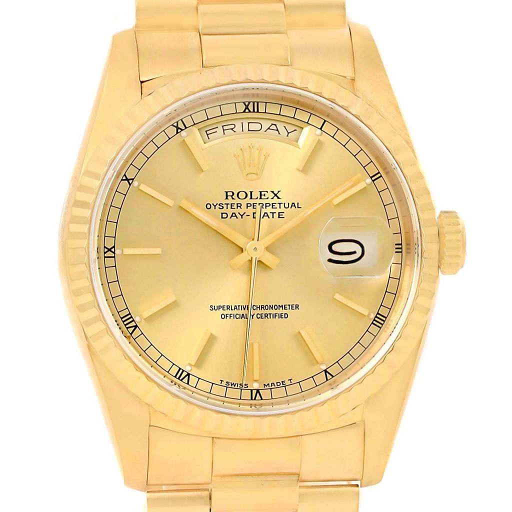 This image shows a front view of a Rolex President 18238 Men's Yellow Gold Champagne Dial 18238 Men's Yellow Gold Champagne Dial model watch, displaying the face, bezel, and part of the bracelet.