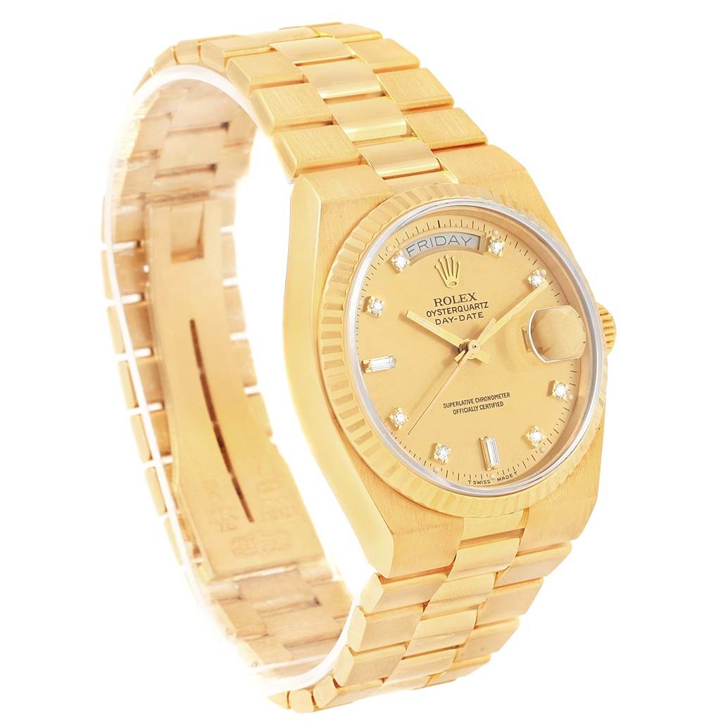 The image shows a Rolex President 19018 Men's Yellow Gold Champagne Dial 19018 Men's Yellow Gold Champagne Dial model watch from a tilted side angle, highlighting its gold bracelet, dial, and crown.