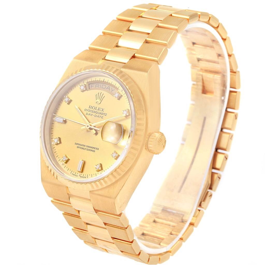 The image shows a Rolex President 19018 Men's Yellow Gold Champagne Dial 19018 Men's Yellow Gold Champagne Dial model watch at a three-quarter angle, displaying the dial, band, and crown.