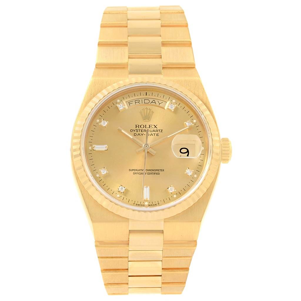 The image shows a Rolex President 19018 Men's Yellow Gold Champagne Dial 19018 Men's Yellow Gold Champagne Dial model watch from a front view, displaying its face, band, and crown.