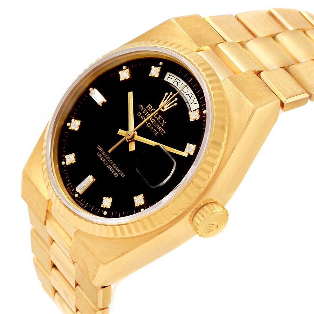 This image shows a side angle view of a Rolex President 19018 Men's Yellow Gold Black Dial 19018 Men's Yellow Gold Black Dial model watch, highlighting its gold case, dial, and bracelet.