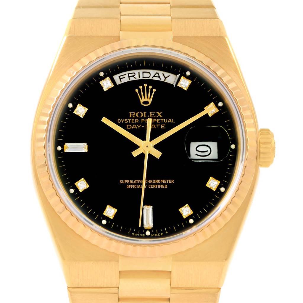 The image shows a front view of a Rolex President 19018 Men's Yellow Gold Black Dial 19018 Men's Yellow Gold Black Dial model watch, displaying the face, day, date, and part of the bracelet.