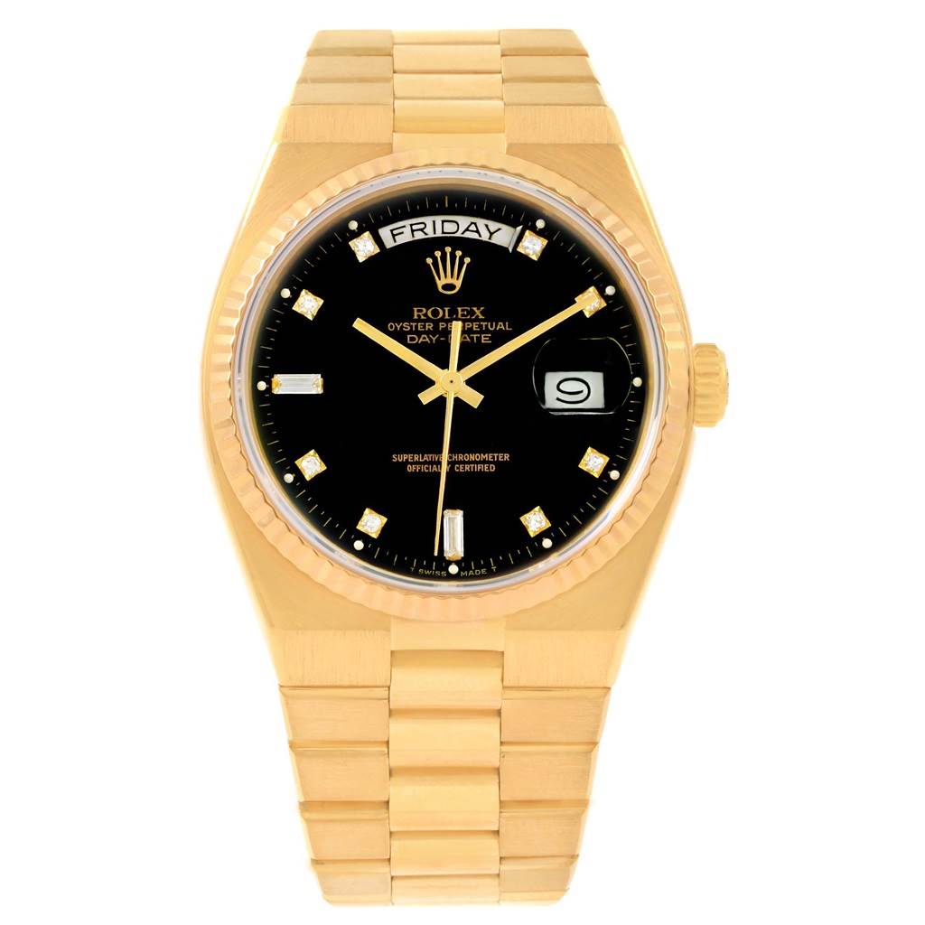The image shows a frontal view of a Rolex President 19018 Men's Yellow Gold Black Dial 19018 Men's Yellow Gold Black Dial watch, highlighting its gold case, gold bracelet, and black dial with a date display.