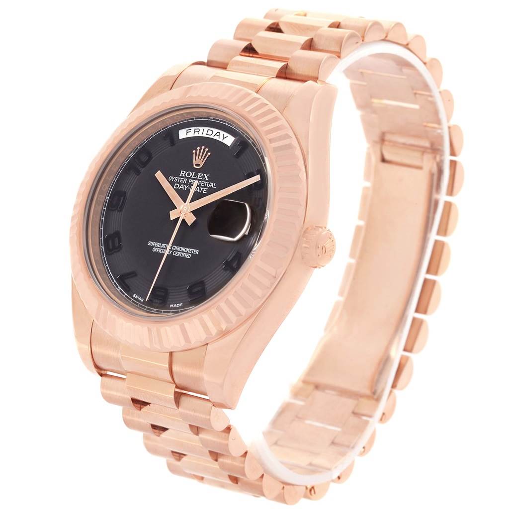 The image shows a Rolex President 218235 Men's Rose Gold Black Dial 218235 Men's Rose Gold Black Dial model watch at an angled view highlighting its dial, bezel, crown, and bracelet.