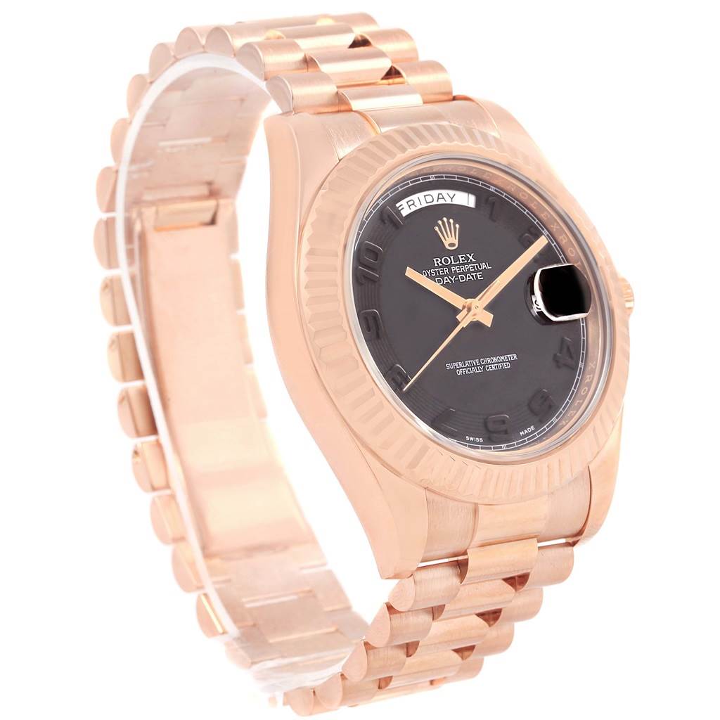 The image shows a Rolex President 218235 Men's Rose Gold Black Dial 218235 Men's Rose Gold Black Dial model watch at an angle highlighting the face, bezel, and part of the bracelet.