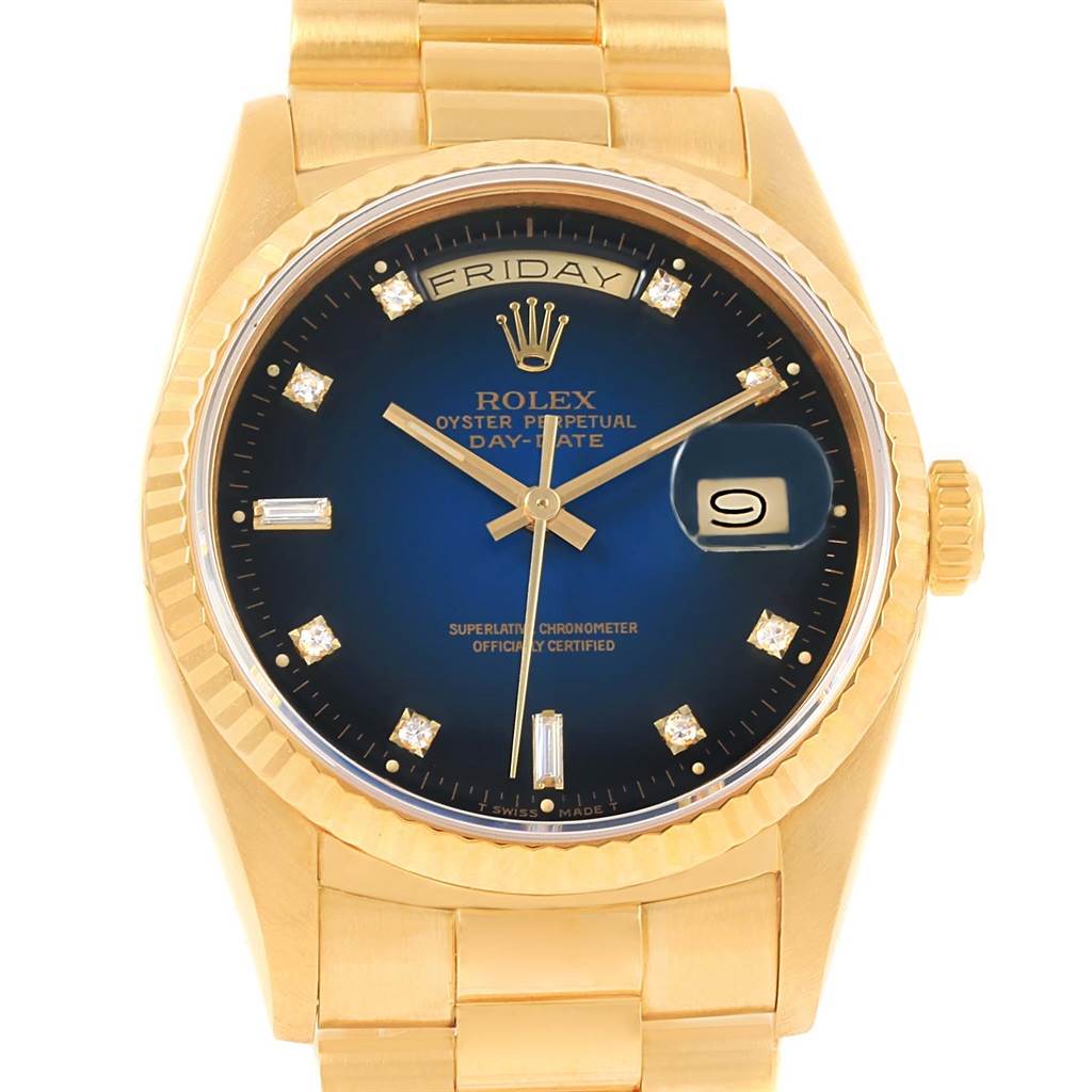 The image shows a front view of a Rolex President 18238 Men's Yellow Gold Blue Dial 18238 Men's Yellow Gold Blue Dial Day-Date watch, highlighting the bezel, dial, and fluted bracelet.