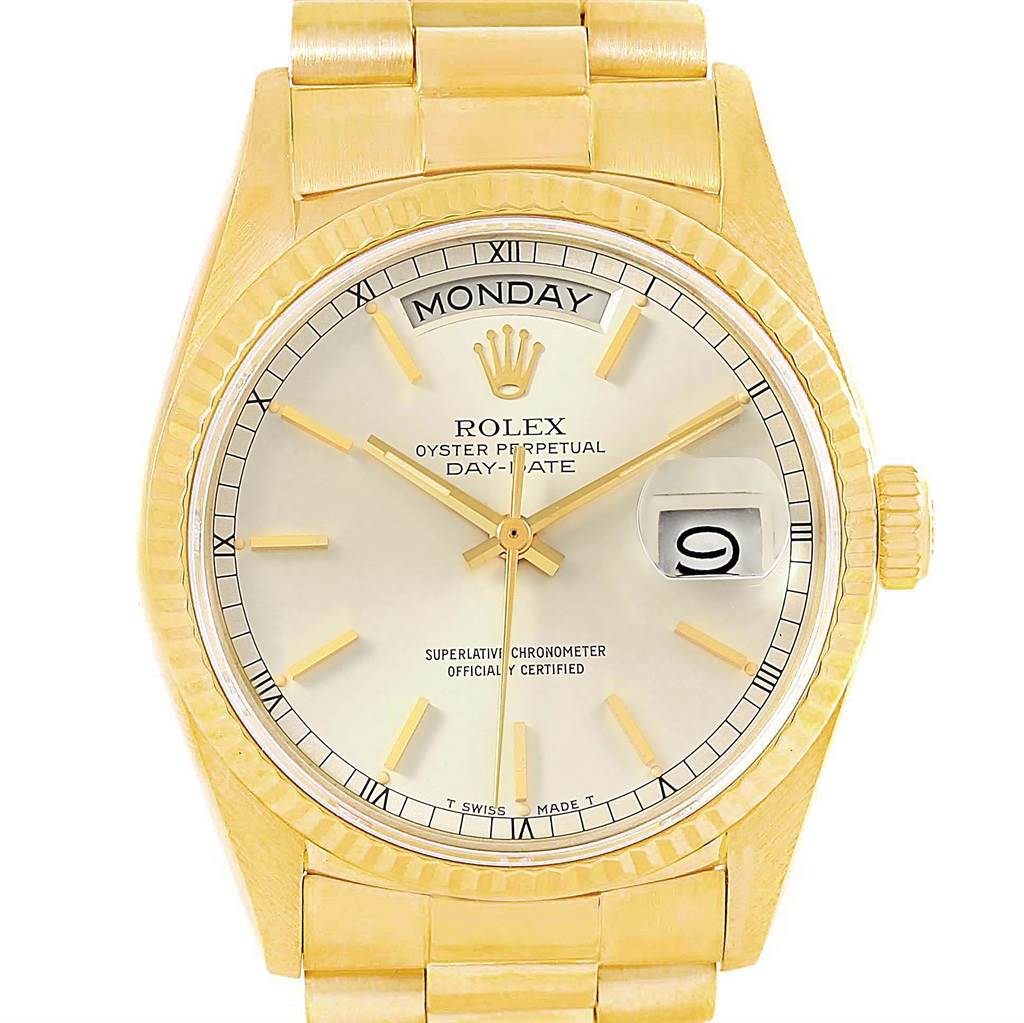This image shows a front view of the Rolex President 18038 Men's Yellow Gold Silver Dial 18038 Men's Yellow Gold Silver Dial Day-Date watch with a gold case, bracelet, and day-date display.