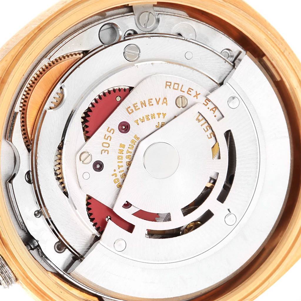 The image shows an internal view of the movement mechanism of a Rolex President 18038 Men's Yellow Gold Silver Dial 18038 Men's Yellow Gold Silver Dial model watch.