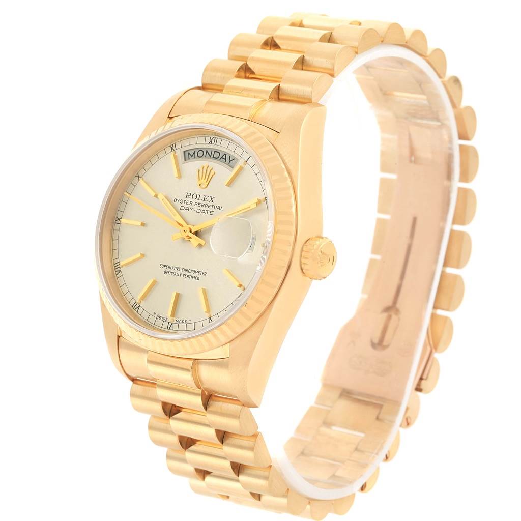 The Rolex President 18038 Men's Yellow Gold Silver Dial 18038 Men's Yellow Gold Silver Dial model watch is shown at a three-quarter angle, displaying the face, bezel, dial, and bracelet.