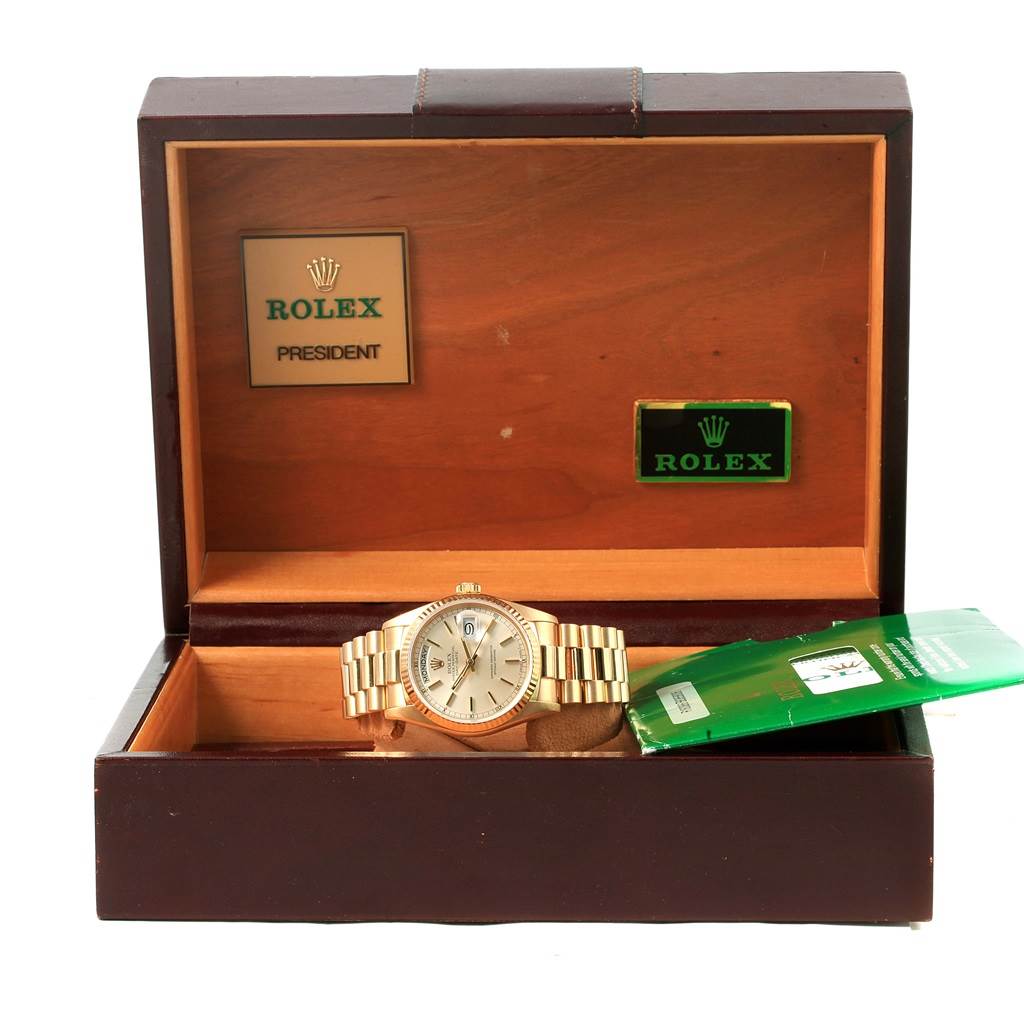 The image shows a Rolex President 18038 Men's Yellow Gold Silver Dial 18038 Men's Yellow Gold Silver Dial watch at a front angle inside its open box, with the branding and accessories visible.