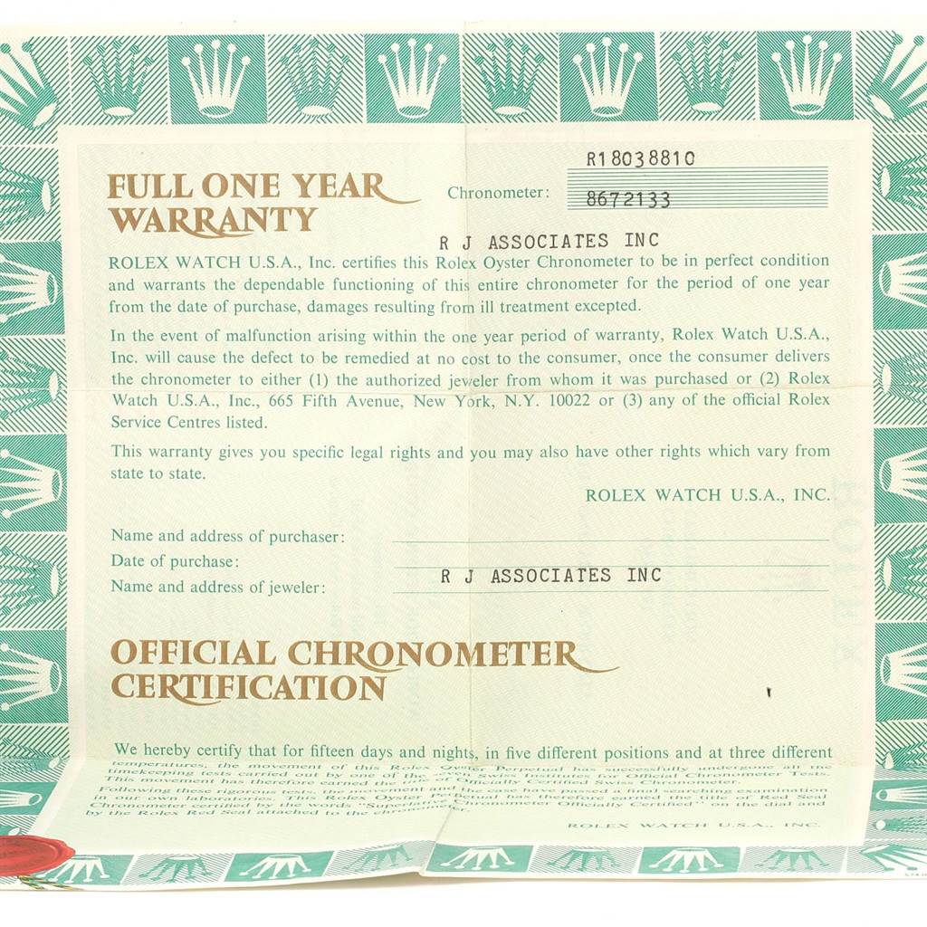 This image shows the warranty and certification paperwork for a Rolex President 18038 Men's Yellow Gold Silver Dial 18038 Men's Yellow Gold Silver Dial model watch.