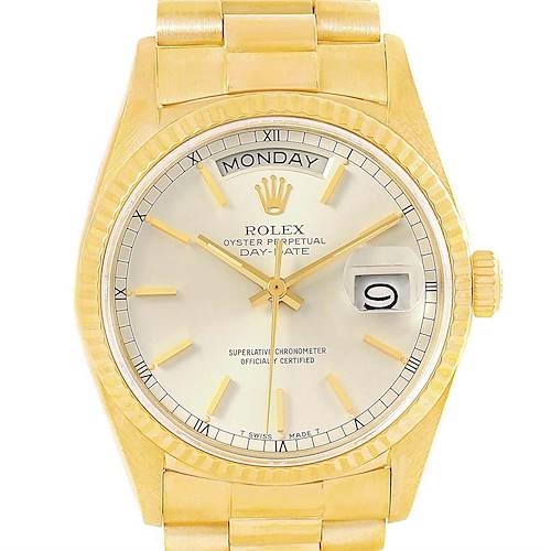 Photo of Rolex President Day-Date Yellow Gold Silver Dial Watch 18038 Box Papers