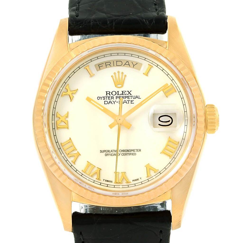The image shows a front view of the Rolex President 18038 Men's Yellow Gold White Dial 18038 Men's Yellow Gold White Dial model watch, highlighting the dial, day and date functions, and leather strap.
