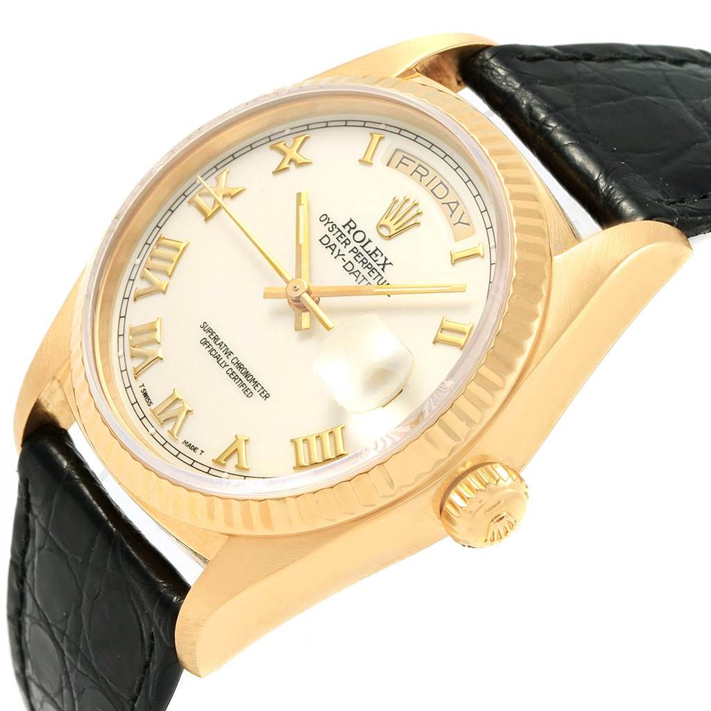 The image shows a close-up side angle of the Rolex President 18038 Men's Yellow Gold White Dial 18038 Men's Yellow Gold White Dial model, displaying the face, bezel, crown, and leather strap.