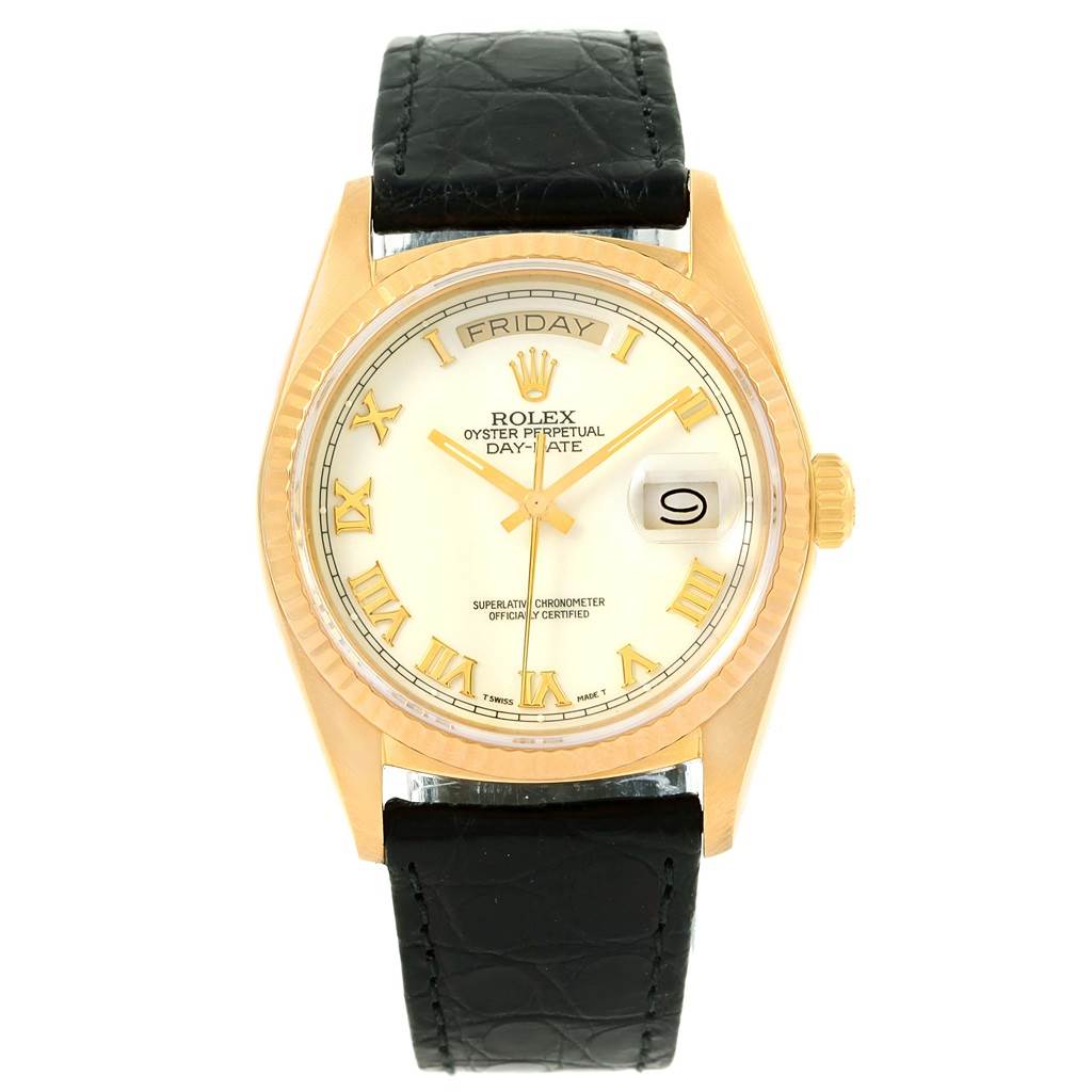 This Rolex President 18038 Men's Yellow Gold White Dial 18038 Men's Yellow Gold White Dial model is shown from a front angle, displaying the watch face, bezel, crown, and leather strap.