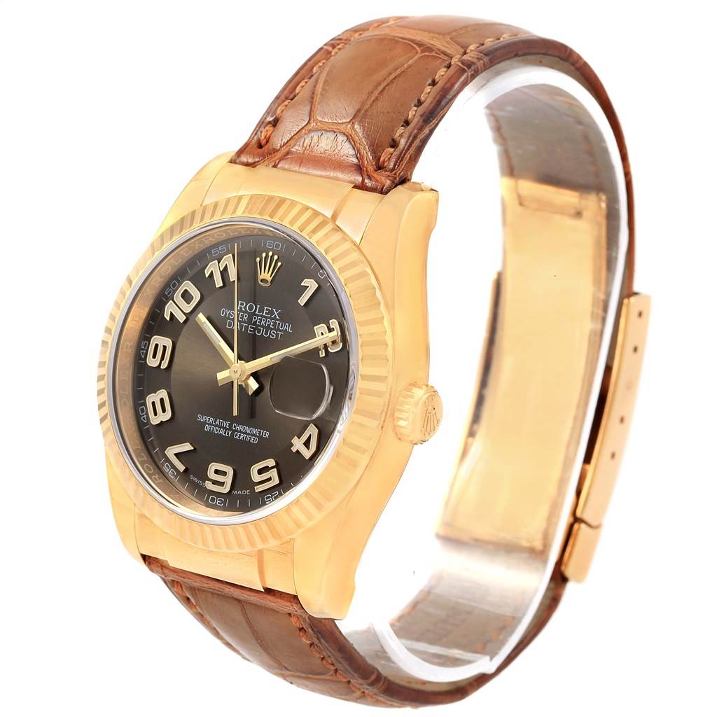 The image shows a Rolex President 116138 Men's Yellow Gold Brown Dial 116138 Men's Yellow Gold Brown Dial model watch at a slight angle, displaying its face, bezel, crown, and brown leather strap.