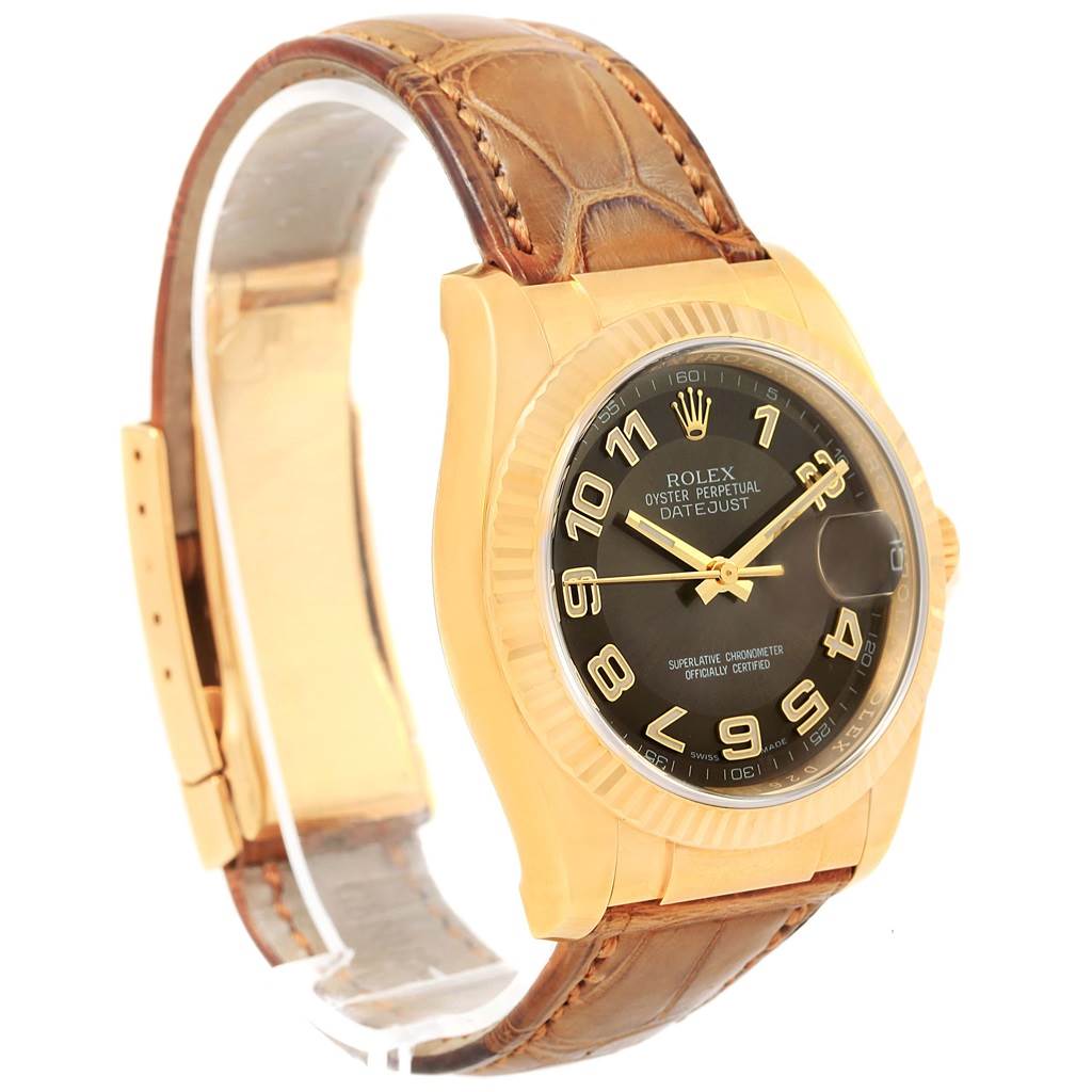 The Rolex President 116138 Men's Yellow Gold Brown Dial 116138 Men's Yellow Gold Brown Dial model watch is shown at an oblique angle displaying its face, bezel, and brown leather strap.