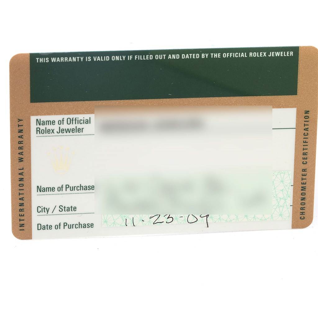 This image shows an International Warranty card for the Rolex President 116138 Men's Yellow Gold Brown Dial 116138 Men's Yellow Gold Brown Dial model watch.