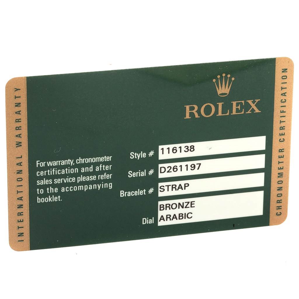 This image shows the international warranty card for the Rolex President 116138 Men's Yellow Gold Brown Dial 116138 Men's Yellow Gold Brown Dial model, style #116138.