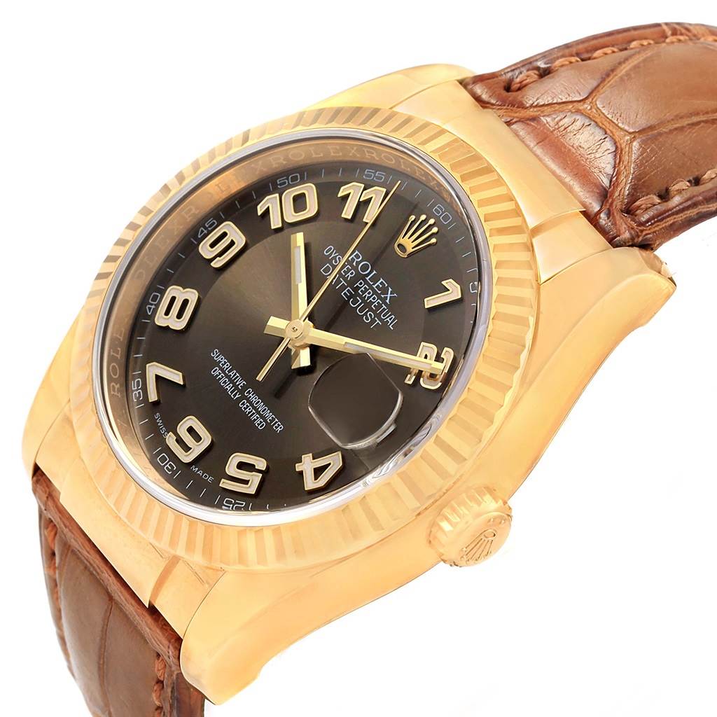 This image shows a Rolex President 116138 Men's Yellow Gold Brown Dial 116138 Men's Yellow Gold Brown Dial model watch at an oblique angle, highlighting the dial, crown, bezel, and leather strap.