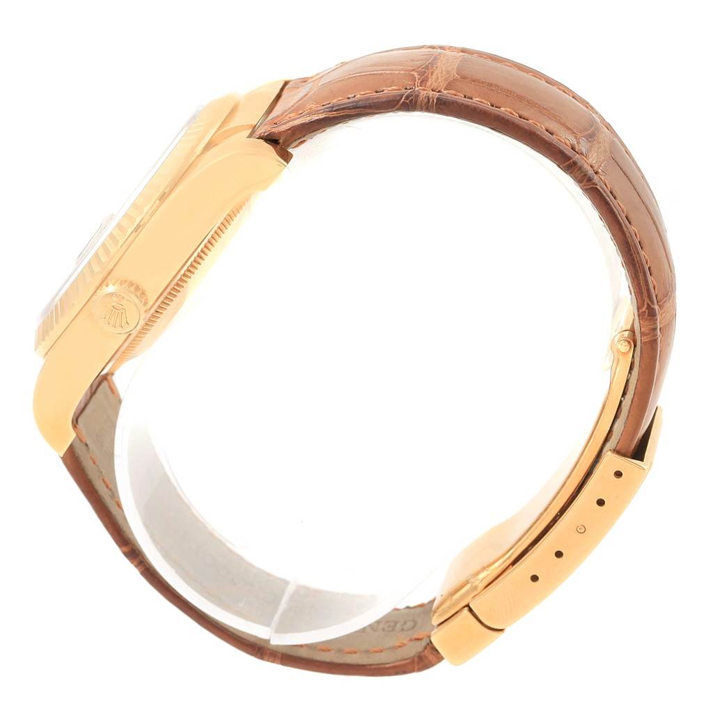 The image shows a side view of a Rolex President 116138 Men's Yellow Gold Brown Dial 116138 Men's Yellow Gold Brown Dial model watch, highlighting the case, crown, and brown leather strap.