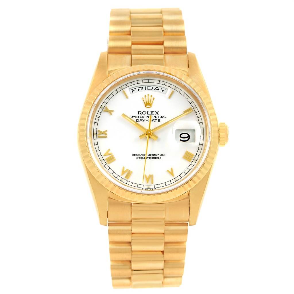 This image shows a front view of the Rolex President 18238 Men's Yellow Gold Champagne Dial 18238 Men's Yellow Gold Champagne Dial model watch, showcasing its dial, bezel, and bracelet.