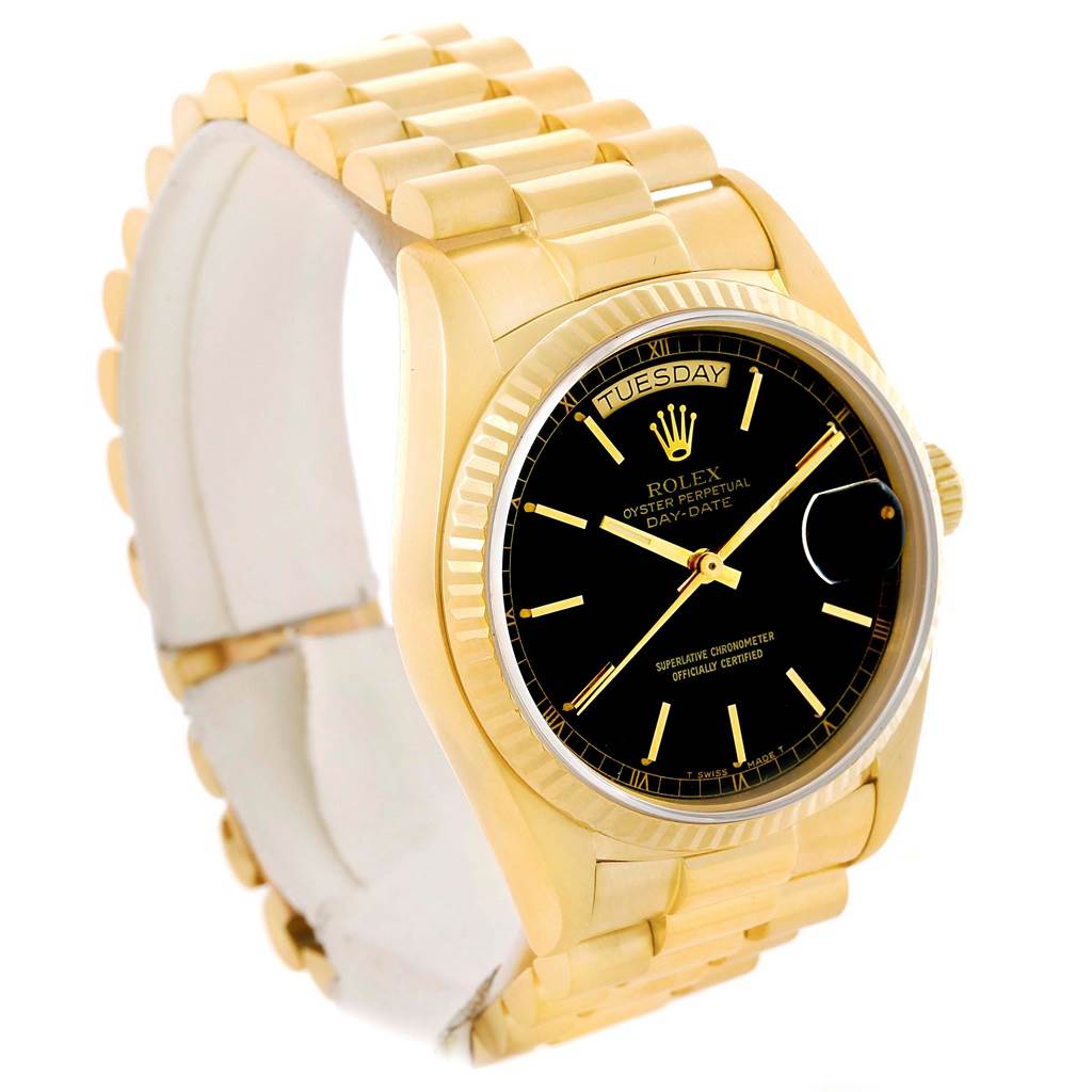 The image shows a Rolex President 18038 Men's Yellow Gold Black Dial 18038 Men's Yellow Gold Black Dial model watch from a front angle, highlighting the black dial, day-date display, and gold bracelet.