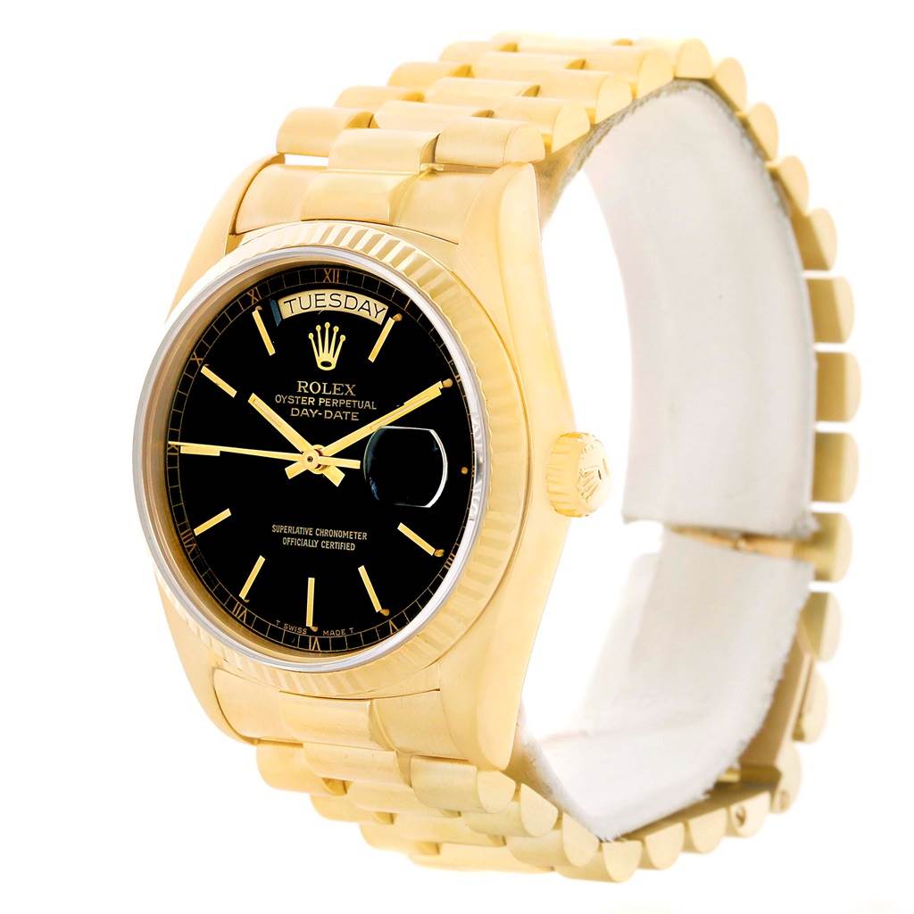 The image shows a side angle of the Rolex President 18038 Men's Yellow Gold Black Dial 18038 Men's Yellow Gold Black Dial model watch, highlighting its yellow gold case, black dial, and bracelet.