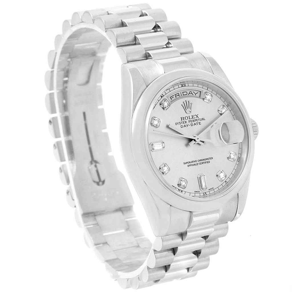 The image shows a Rolex President 118206 Men's Platinum Silver Dial 118206 Men's Platinum Silver Dial model watch at a three-quarter angle, highlighting the dial, bracelet, and part of the clasp.