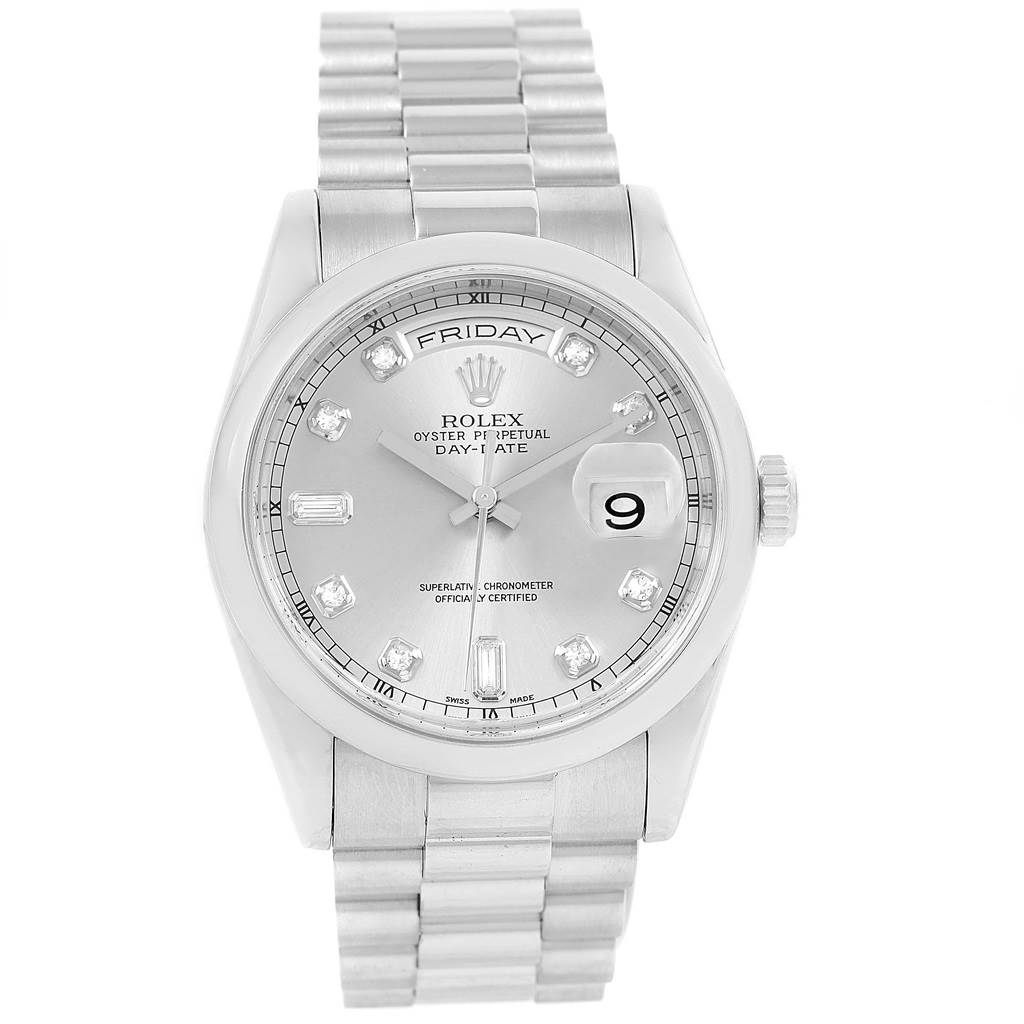 This image shows a front view of a Rolex President 118206 Men's Platinum Silver Dial 118206 Men's Platinum Silver Dial model watch, highlighting the dial, bezel, and bracelet.
