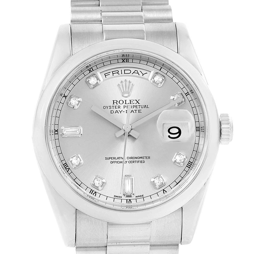 The image shows a frontal view of a Rolex President 118206 Men's Platinum Silver Dial 118206 Men's Platinum Silver Dial model watch, highlighting its face, hands, date window, and bracelet.