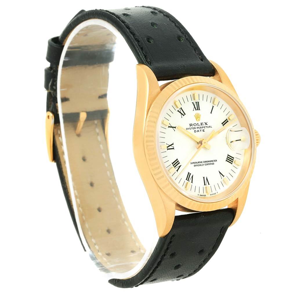 This image shows the angled side and front view of a Rolex President 15238 Men
s Yellow Gold White Dial 15238 Men
s Yellow Gold White Dial model watch with a black leather strap.